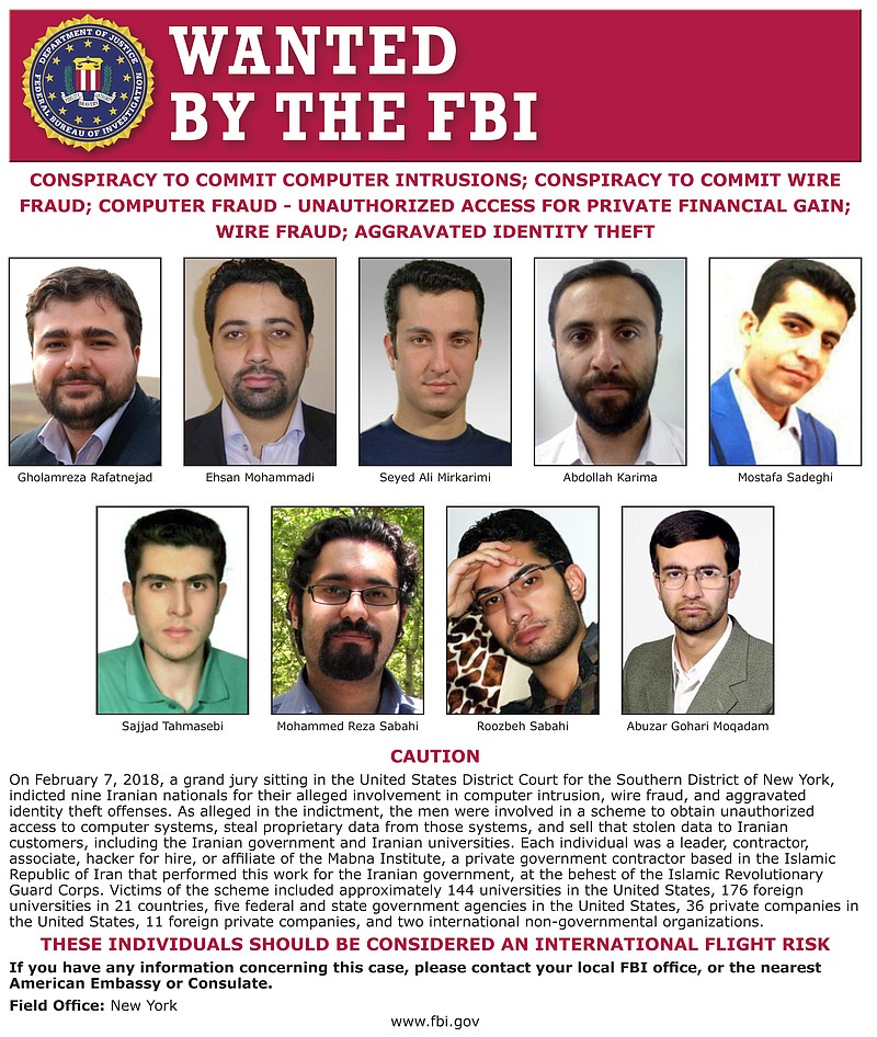This image released by the FBI is the wanted posted for 9 Iranians that took part in a government-sponsored hacking scheme that pilfered sensitive information from hundreds of universities, private companies and government agencies. (FBI via AP)