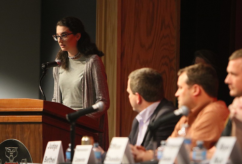 Jessica Jaconetti, a senior at Dalton High School, opens up a gun safety forum that she organized with other students at Dalton High School Monday, March 26, 2018 in Dalton, Ga. The forum gave students the opportunity to ask a variety of questions to state and community leaders, including topics on mental health, proactive measures and guns themselves.