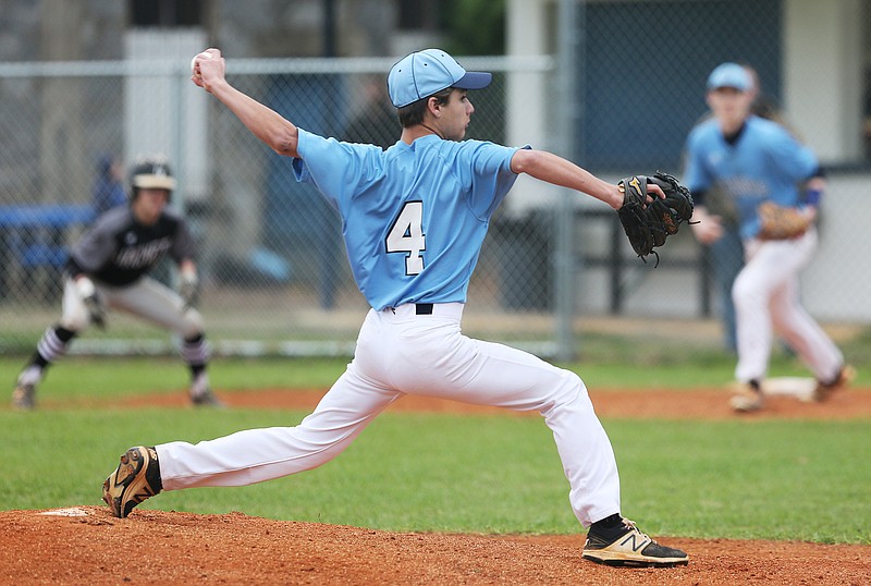 Chattanooga School for the Arts and Sciences' Nic Ringhofer (4) pitches during the Lookout Valley vs. CSAS baseball game Monday, March 26, 2018 at CSAS in Chattanooga, Tenn. 
