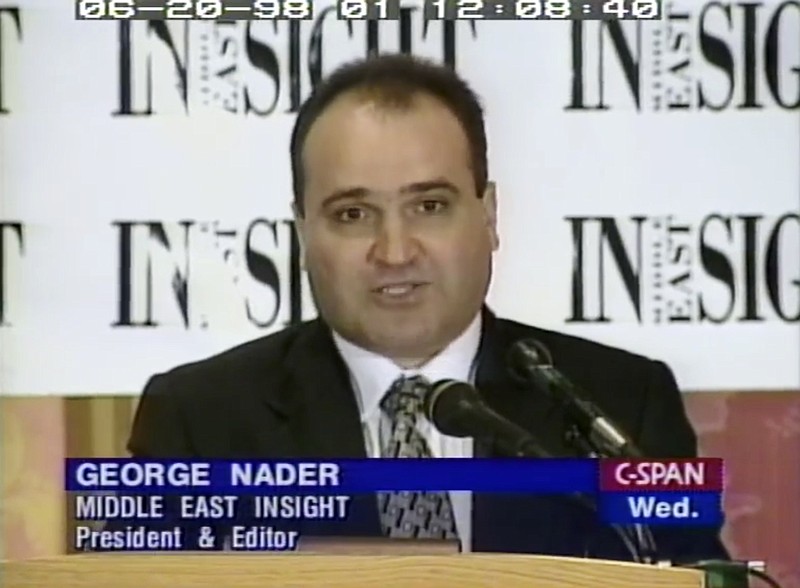 This 1998 frame from video provided by C-SPAN shows George Nader, president and editor of Middle East Insight. Nader, an adviser to the United Arab Emirates who is now a witness in the U.S. special counsel investigation into foreign meddling in American politics, wired $2.5 million to Donald Trump's fundraiser, Elliott Broidy, through a company in Canada, according to two people who spoke on the condition of anonymity because of the sensitivity of the matter. (C-SPAN via AP, File)