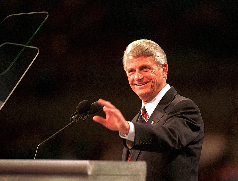 FILE - In this July 13, 1992 file photo, Georgia Gov. Zell Miller waves to delegates at the Democratic Convention in New York. A family spokesperson said he died Friday, March 23, 2018. He was 86. (AP Photo/Joe Marquette)

