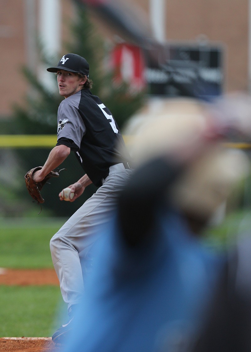 Lookout Valley's Riley Phillips (5) pitches during the Lookout Valley vs. Chattanooga School for the Arts and Sciences baseball game Monday, March 26, 2018 at CSAS in Chattanooga, Tenn. 