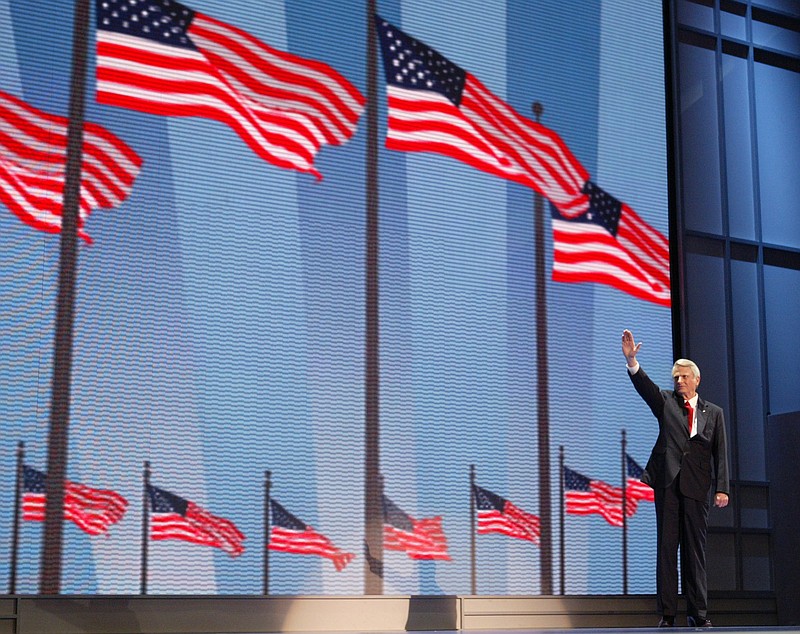  In this Wednesday, Sept. 1, 2004 file photo, Sen. Zell Miller, D-Ga., waves after giving the keynote address at the Republican National Convention in New York. A family spokesperson said he died Friday, March 23, 2018. He was 86. (AP Photo/Joe Cavaretta)