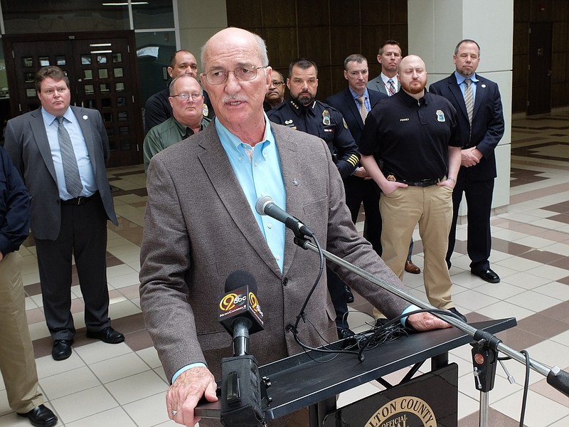 Hamilton County Sheriff Jim Hammond speaks to the media about an indictment of 54 gang members Wednesday, March 28, 2018, in the Courts Building.