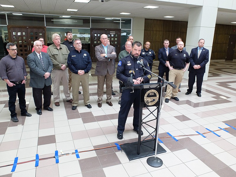 In the lobby of the Courts Building on Wednesday, March 28, 2018, Chattanooga Police Chief David Roddy speaks about the Hamilton County Grand Jury decision to indict 54 gang members utilizing the RICO Act.