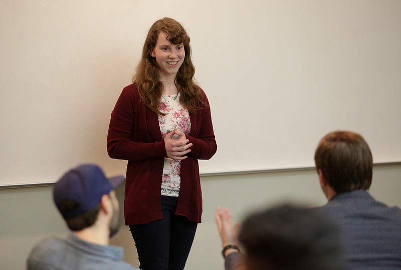 Grace MacPherson answers questions about her business DressHer during the 6th Annual Elevator Pitch Competition in the College of Business on the campus of the University of Tennessee at Chattanooga on Wednesday, March 28, 2018, in Chattanooga, Tenn. Students had 90 seconds to pitch business ideas to a panel of three judges at the annual competition.