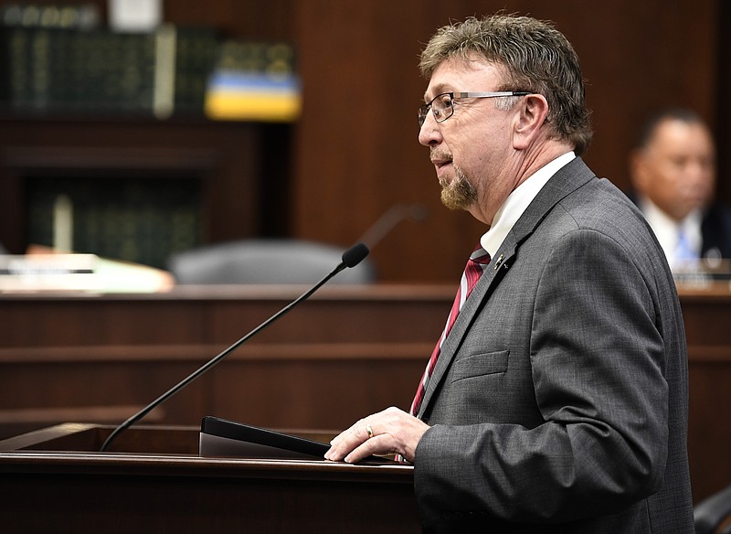 Tennessee state Rep. David Byrd speaks about a bill that will allow school employees to carry guns and is under consideration before the House Civil Justice Subcommittee Wednesday, Feb. 28, 2018, at the Cordell Hull Building in Nashville, Tenn. (George Walker IV/The Tennessean via AP)