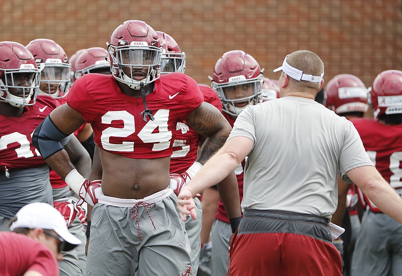 Alabama junior outside linebacker Terrell Lewis (24) listens to instructions during a recent practice in Tuscaloosa.
