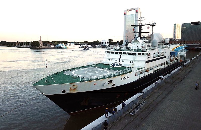 In this 2018 photo provided by Gonzalo Mórtola, the Russian research vessel Yantar is shown docked in Buenos Aires, Argentina. Russian ships are skulking around underwater communications cables, worrying the U.S. and its allies the Kremlin might be taking information warfare to new depths. (Gonzalo Mórtola via AP)