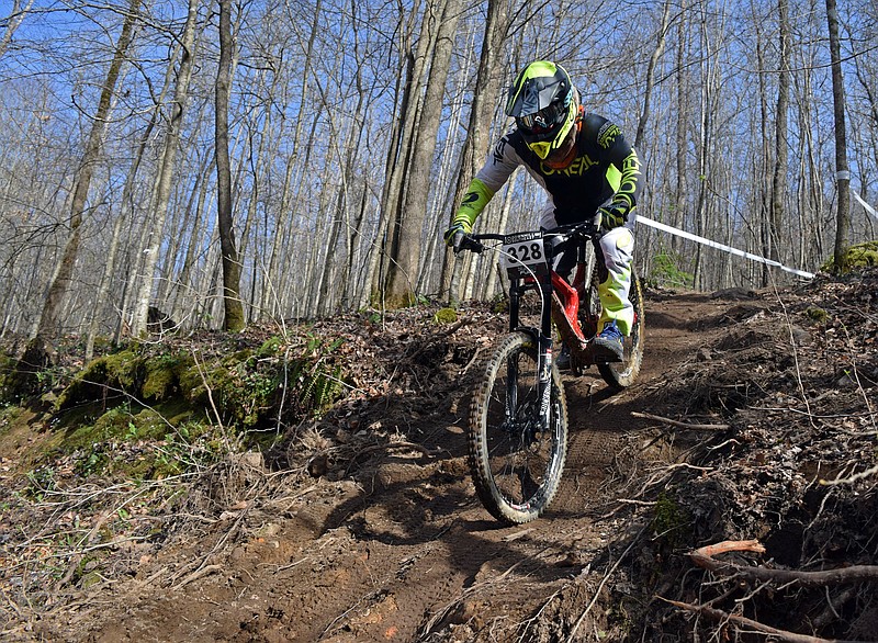 Mark Pace/Chattanooga Times Free Press - Harley Addair of North Carolina competes in the Downhill Southeast mountain bike series at Trials Training Center in Sequatchie, Tenn. March 31, 2018. The race was the first leg in the annual series.