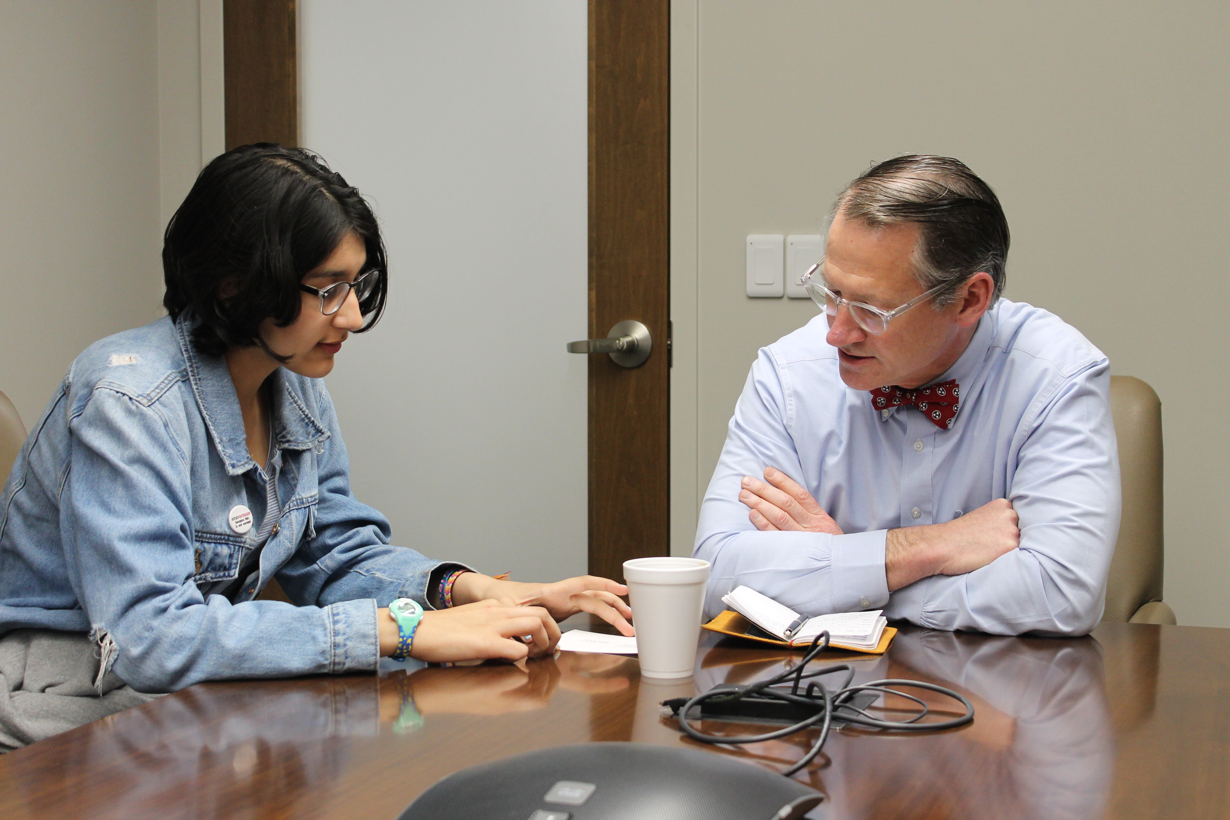 Baylor School sophomore Anika Iqbal talks about issues of school safety and gun violence with State Senator Bo Watson on Monday, April 2. Iqbal, along with other members of Chattanooga Students Leading Change, lobbied against arming teachers, for increased funding for mental health services and school resource officers and several other policy issues while visiting the state Capitol.