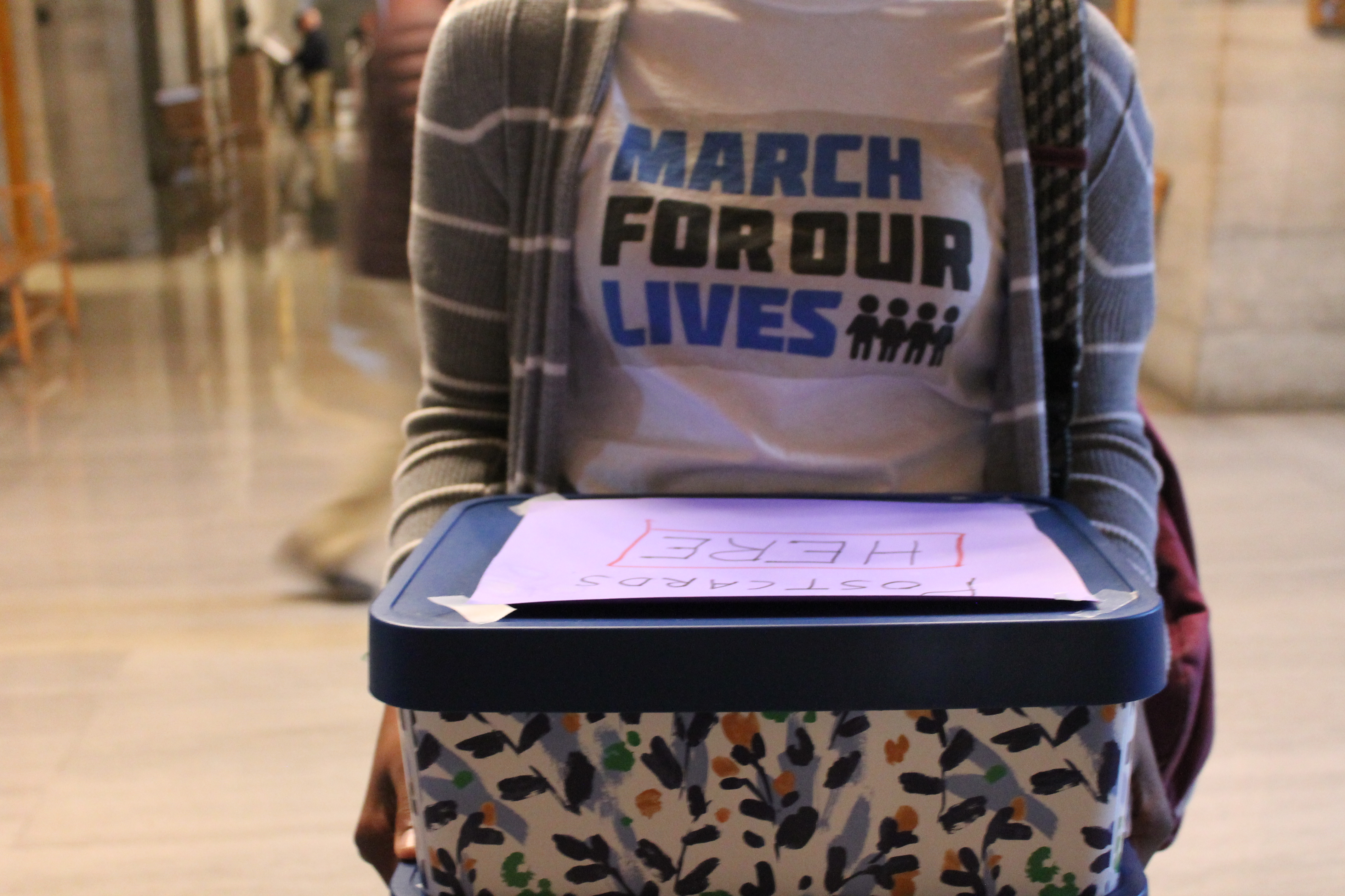 Lauren Tolbert, a junior at Chattanooga School for Arts and Sciences, and a member of Chattanooga Students Leading Change, carries a box of more than 600 handwritten postcards and letters from Chattanooga students and community members through the state Capitol on Monday, April 2. The group, CSLC, organized the local March for Our Lives rally last month and continues to lobby elected officials to enact laws that will curb gun violence in schools and communities.