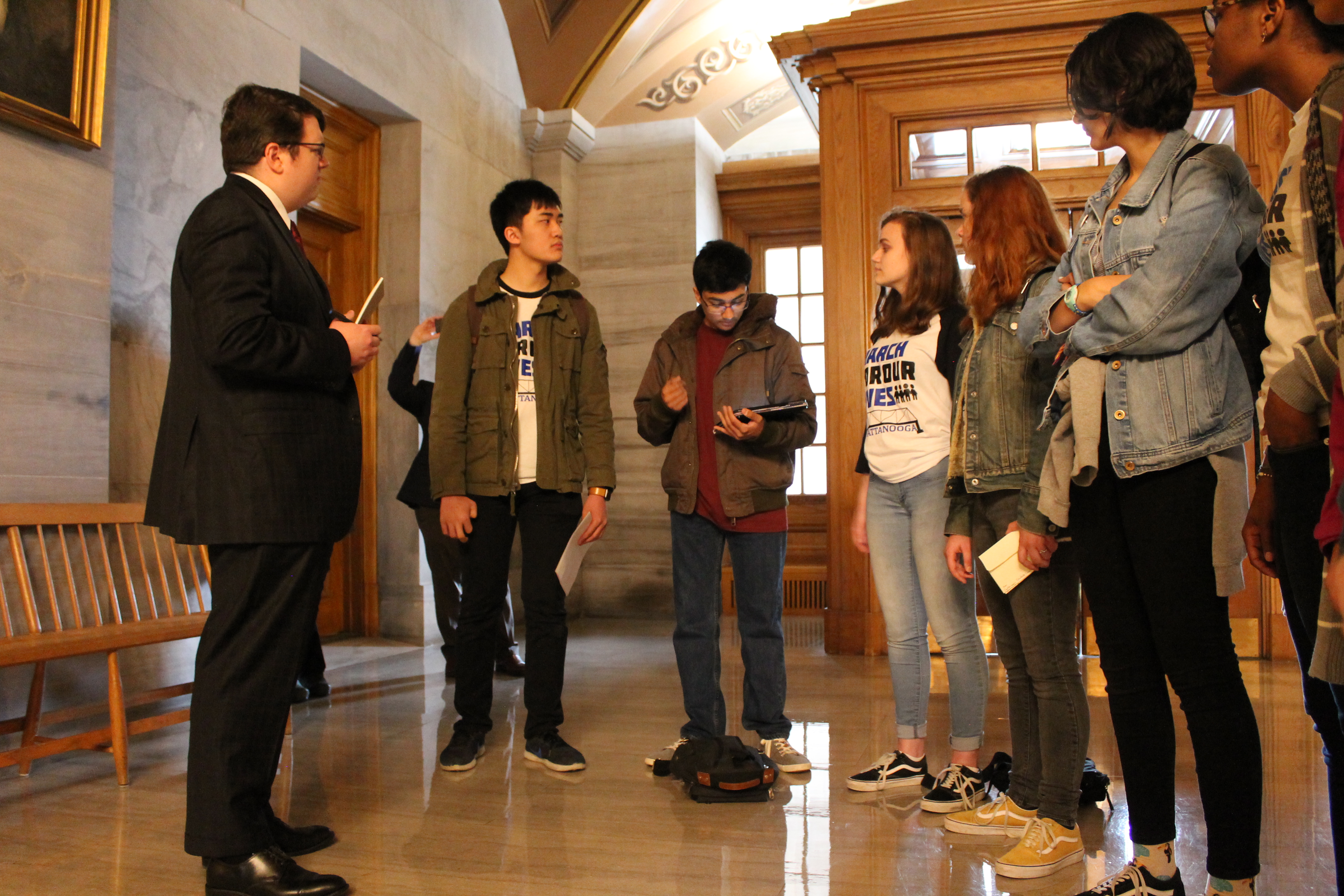 Chattanooga middle and high school student members of Chattanooga Students Leading Change meet with Don Johnson of Gov. Bill Haslam's office on Monday, April 2. The students traveled to Nashville to lobby the governor to veto HB 2208, which would allow school districts to arm specifically trained staff members on school campuses, if it crosses his desk later this spring. The governor was not available to meet with the students, according to his press secretary.
