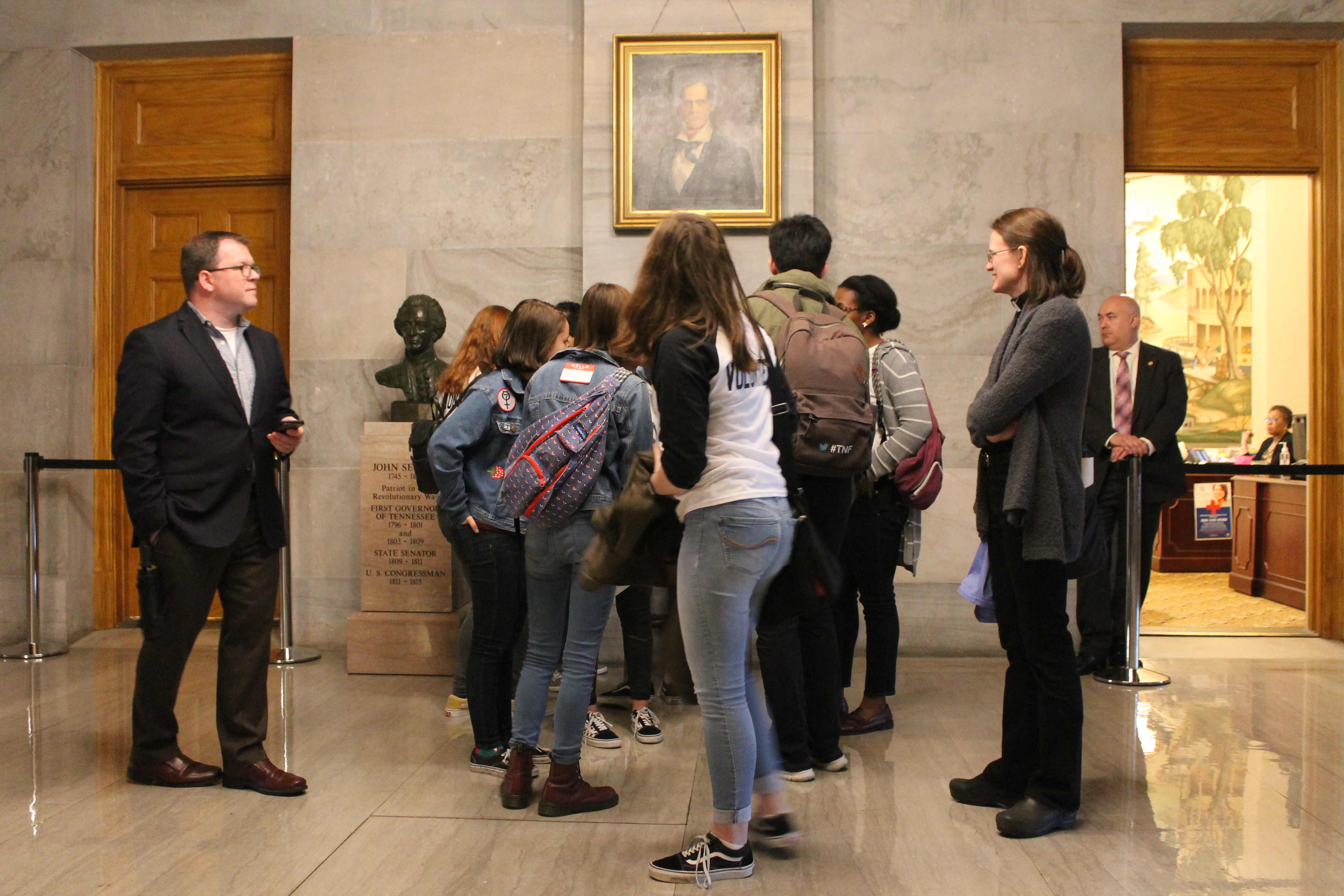 Members of Chattanooga Students Leading Change and local clergy members sign the guestbook outside of Gov. Bill Haslam's after students tried to meet with the Govenor about HB 2208, which would allow school districts to arm specially-trained teachers, on Monday, April 2. Though the governor was not avaliable, students spoke with members of his staff.