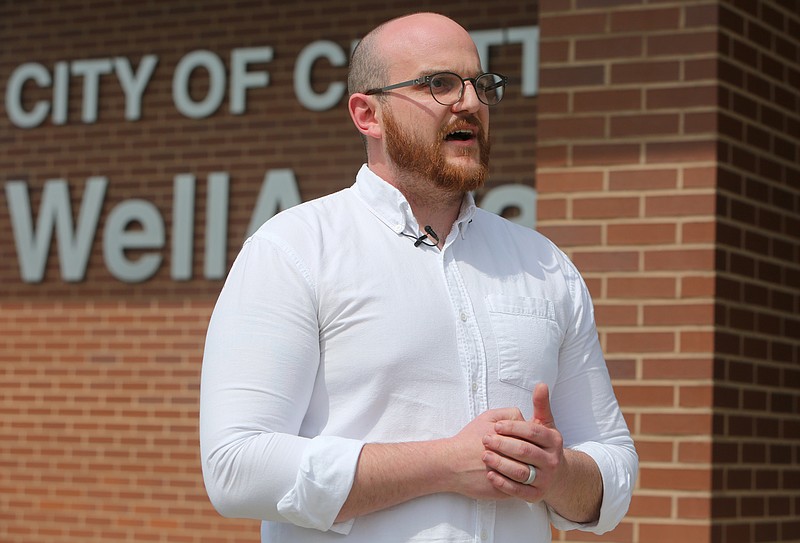 Sam Wolfe, homeless program coordinator for the City of Chattanooga, speaks during a press conference at the Well Advantage Center Monday, April 2, 2018 in Chattanooga, Tenn. Wolfe gave an update about the progress to moving individuals living in an encampment behind the center and outreach efforts involved. 