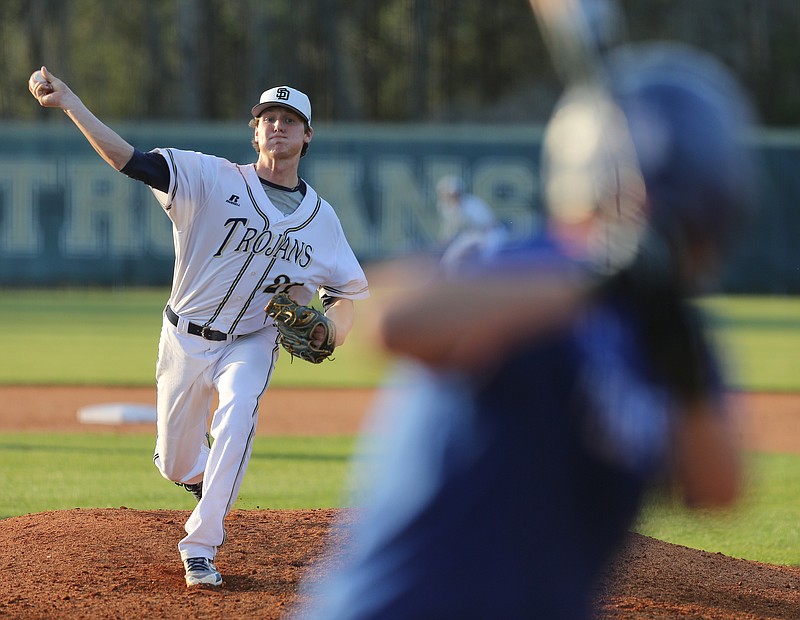 Soddy-Daisy's Dylan Perry (21) pitches Monday, April 2, 2018 during the Cleveland vs. Soddy-Daisy baseball game at Soddy-Daisy High School in Soddy-Daisy, Tenn.