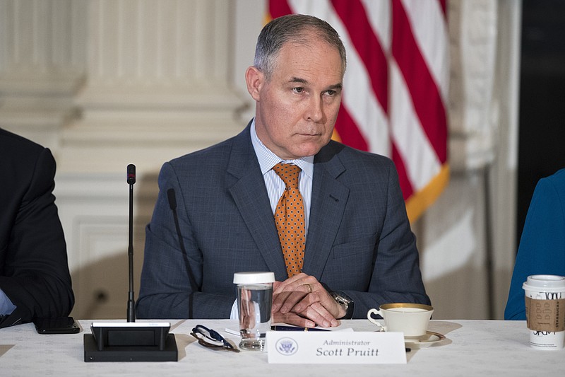 FILE — Scott Pruitt, head of the Environmental Protection Agency, at a recent White House meeting about infrastructure. The EPA in March 2017 signed off on a pipeline-expansion plan by Canadian energy company Enbridge at the same time that Pruitt was renting a condominium linked to the company's powerful lobbying firm. On Friday, Koch Industries Inc. purchased a new stake in Enbridge Energy Partners, and on Monday, Pruitt said he plans to rollback Obama-era fuel efficiency rules. (Tom Brenner/ The New York Times)