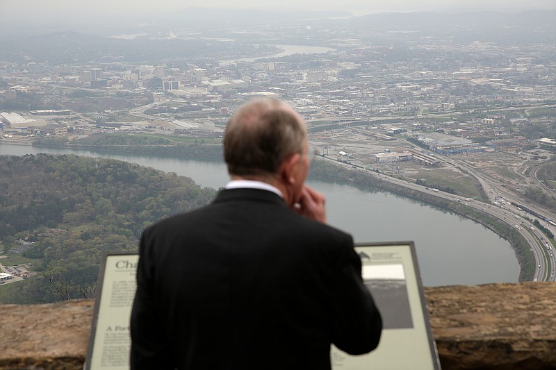 U.S. Sen. Lamar Alexander looks out over Moccasin Bend during a visit to Point Park on Tuesday, April 3, 2018, in Lookout Mountain, Tenn. Sen. Alexander visited the park to push for a bill that he says will help address maintenance backlogs at federal parks like Point Park.