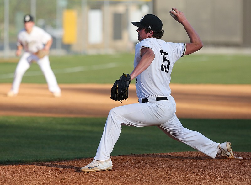Bradley Central's Andy Bunch (25) pitches during the Ooltewah vs. Bradley Central baseball game Tuesday, April 3, 2018 at Bradley Central High School in Bradley County, Tenn.