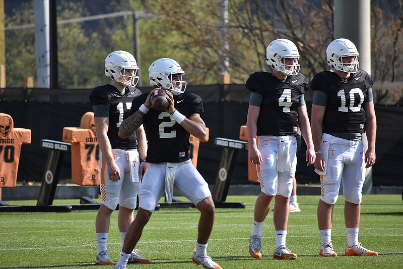 Redshirt sophomore quarterback Jarrett Guarantano prepares to throw a pass during Tennessee's practice on April 3.
