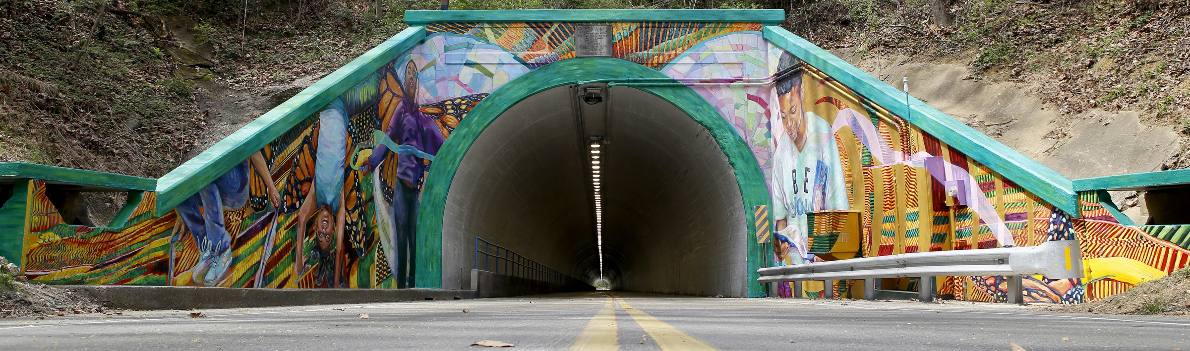 A view of the mural from the east end of the Wilcox Tunnel.