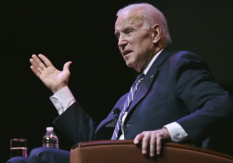 Former U.S. Vice President Joe Biden speaks during a moderated conversation with WNPR's Lucy Nalpathanchil at the annual Mary and Louis Fusco Distinguished Lecture Series at Southern Connecticut State University, Friday, March 23, 2018, in New Haven, Conn. (Catherine Avalone/New Haven Register via AP)