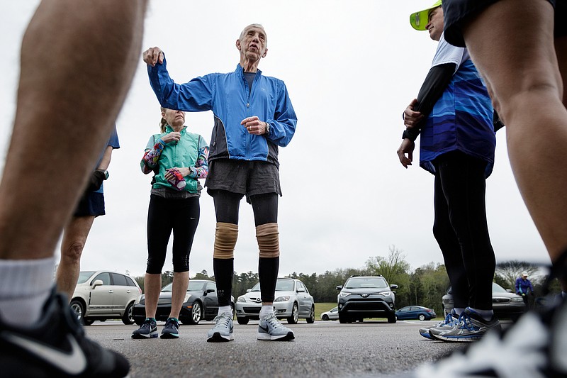 Bud Wisseman talks with members of the Chattanooga Track Club before a run at Chickamauga National Military Park on Saturday, April 7, 2018, in Fort Oglethorpe, Ga. Wisseman will be running the Boston Marathon for the 29th consecutive time this year.