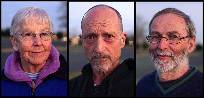 FILE - This Nov. 19, 2012, file combo photo shows anti-nuclear weapons activists Sister Megan Rice, left, Michael Walli, center, and Greg Boertje-Obed in Knoxville, Tenn. They were convicted in 2013 of sabotage for vandalizing a bunker storing much of the nation's bomb-grade uranium. The 6th U.S. Circuit Court of Appeals threw out the sabotage charge in May, leaving a conviction on the lesser charge of injuring government property. On Tuesday, Sept. 15, 2015, a judge resentenced the three to time served. (Saul Young/The Knoxville News Sentinel via AP, File)