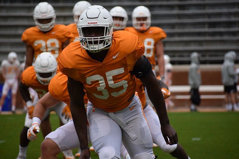 Tennessee linebacker Daniel Bituli works through a drill before the Vols' scrimmage at Neyland Stadium on April 7.
