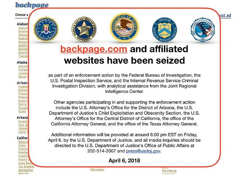 This Friday, April 6, 2018 image shows an FBI notice on the Backpage.com website. Federal law enforcement authorities are in the process of seizing Backpage.com and its affiliated websites as part of an enforcement action by the FBI and other agencies. (AP Photo)