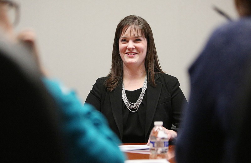 Tennessee Commissioner of Education Candice McQueen speaks at an editorial board meeting at the Chattanooga Times Free Press on Tuesday, Jan. 23, 2018 in Chattanooga, Tenn.