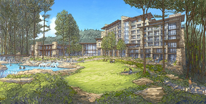 Artist rendering shows proposed Hilton Curio Collection hotel, convention complex and spa to be built at McLemore Resort on Lookout Mountain in Walker County, Ga.