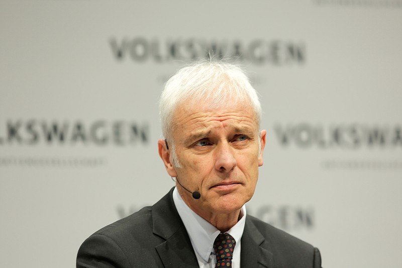 FILE - In this March 13, 2018 file photo VW group CEO Matthias Mueller attends the annual media conference of the Volkswagen group in Berlin, Germany. Volkswagen Group says it is contemplating a management reshuffle that raises questions about CEO Matthias Mueller's future with the company. The company said Tuesday April 10, 2018 that it "considers a further development of the management structure of the group" and that "this could include a change in the position of the chairman of the board of management," the German term for CEO.  (AP Photo/Markus Schreiber,file)