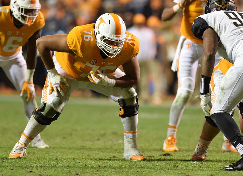 Chance Hall (76) plays right tackle for Tennessee. The Vanderbilt Commodores visited the Tennessee Volunteers in SEC football action Nov. 28, 2015.