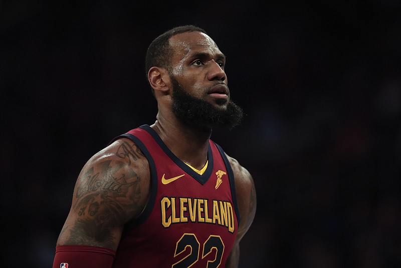 Cleveland Cavaliers forward LeBron James (23) pauses before shooting a free throw against the New York Knicks during an NBA basketball game, Monday, April 9, 2018, in New York. (AP Photo/Julie Jacobson)