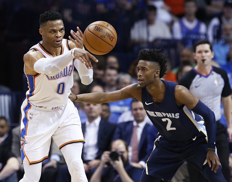 Oklahoma City Thunder guard Russell Westbrook (0) passes the ball in front of Memphis Grizzlies guard Kobi Simmons (2) during the first half of an NBA basketball game in Oklahoma City, Wednesday, April 11, 2018. (AP Photo/Sue Ogrocki)