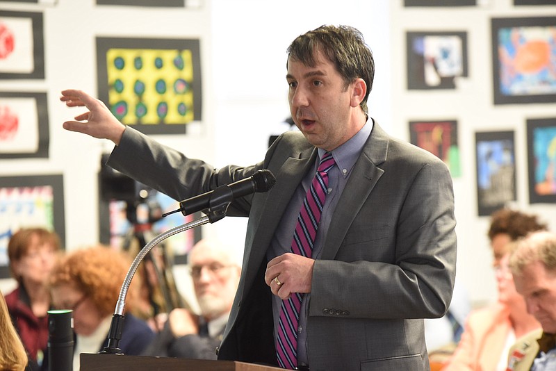 In this March 22, 2018, staff file photo, Dr. Justin Robertson speaks to the Hamilton County school board.