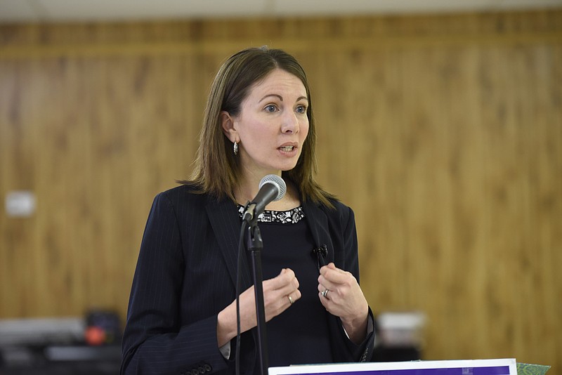 Ringgold native Stacey Evans speaks to a group of retired teachers Thursday at Boynton Baptist Church. Evans, a Democrat, is running for governor in the state of Georgia. 