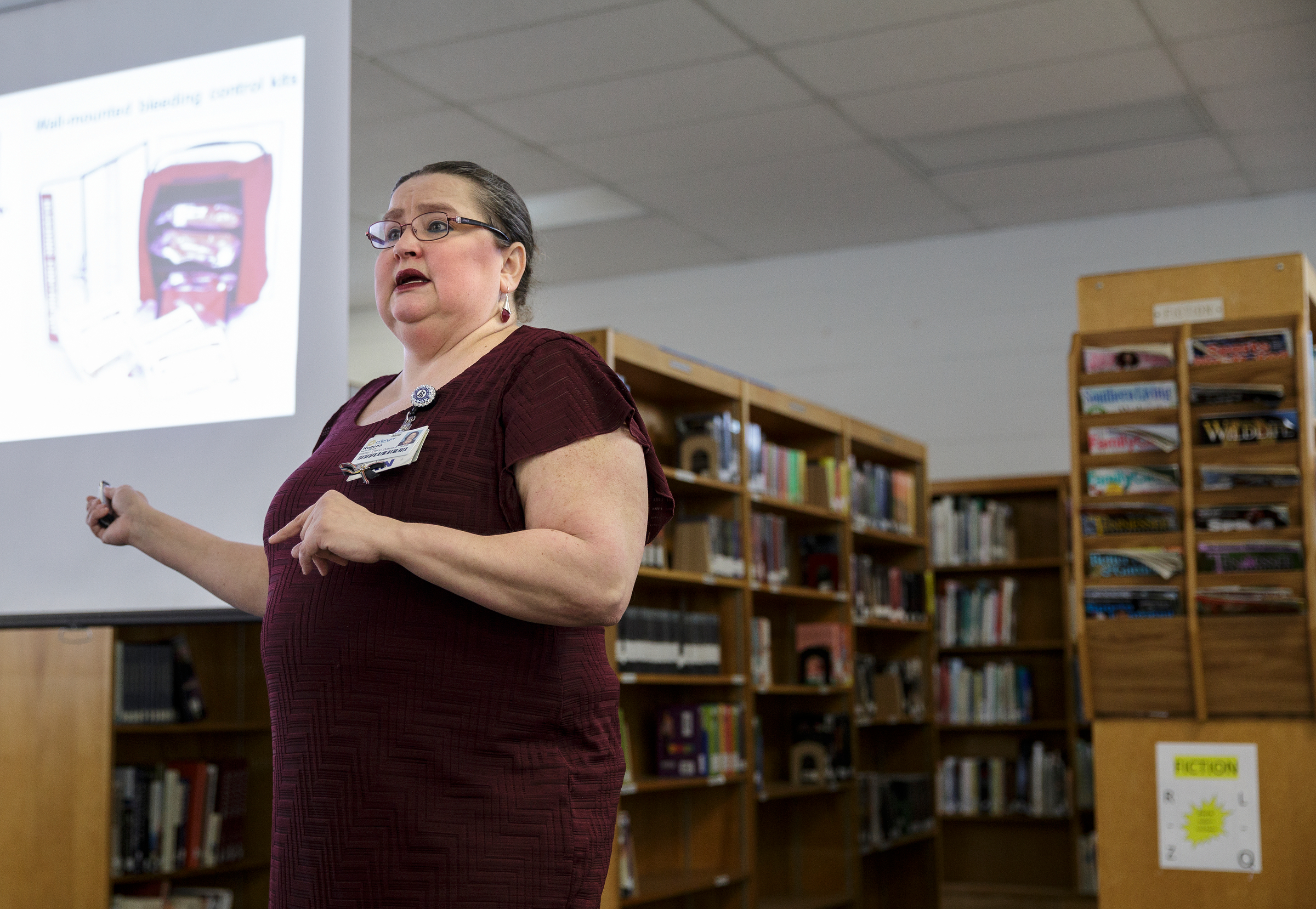 Nurse Regena Young teaches a "Stop the Bleed" class at Brainerd High School on Wednesday, April 11, 2018, in Chattanooga, Tenn. Erlanger Hospital provided first aid training focused on slowing blood loss in trauma victims for the health occupations classes and interested faculty and students at Brainerd.