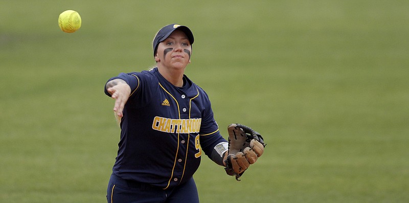 UTC's Brook Womack throws across the infield against Mercer at Jim Frost Stadium on Sunday, March 25, 2018 in Chattanooga, Tenn.