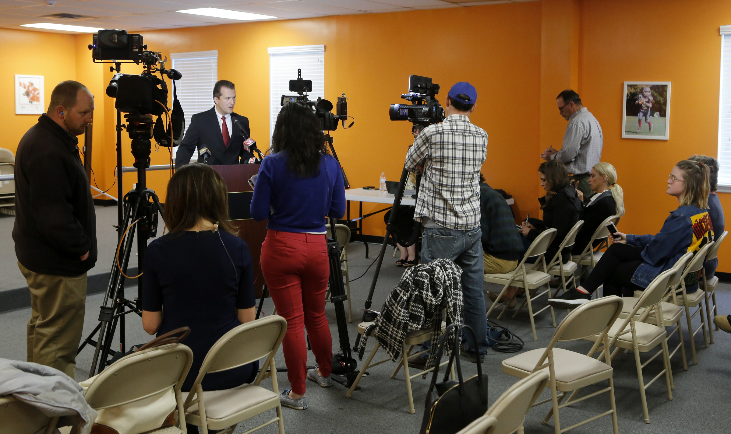 East Ridge Mayor and District 8 county commissioner candidate Brent Lambert during a press conference to release recordings of phone conversations with incumbent Tim Boyd in The Orange Room at the East Ridge Community and Senior Center on Monday, April 16, 2018 in East Ridge, Tenn. Tim Boyd was indicted for extortion.