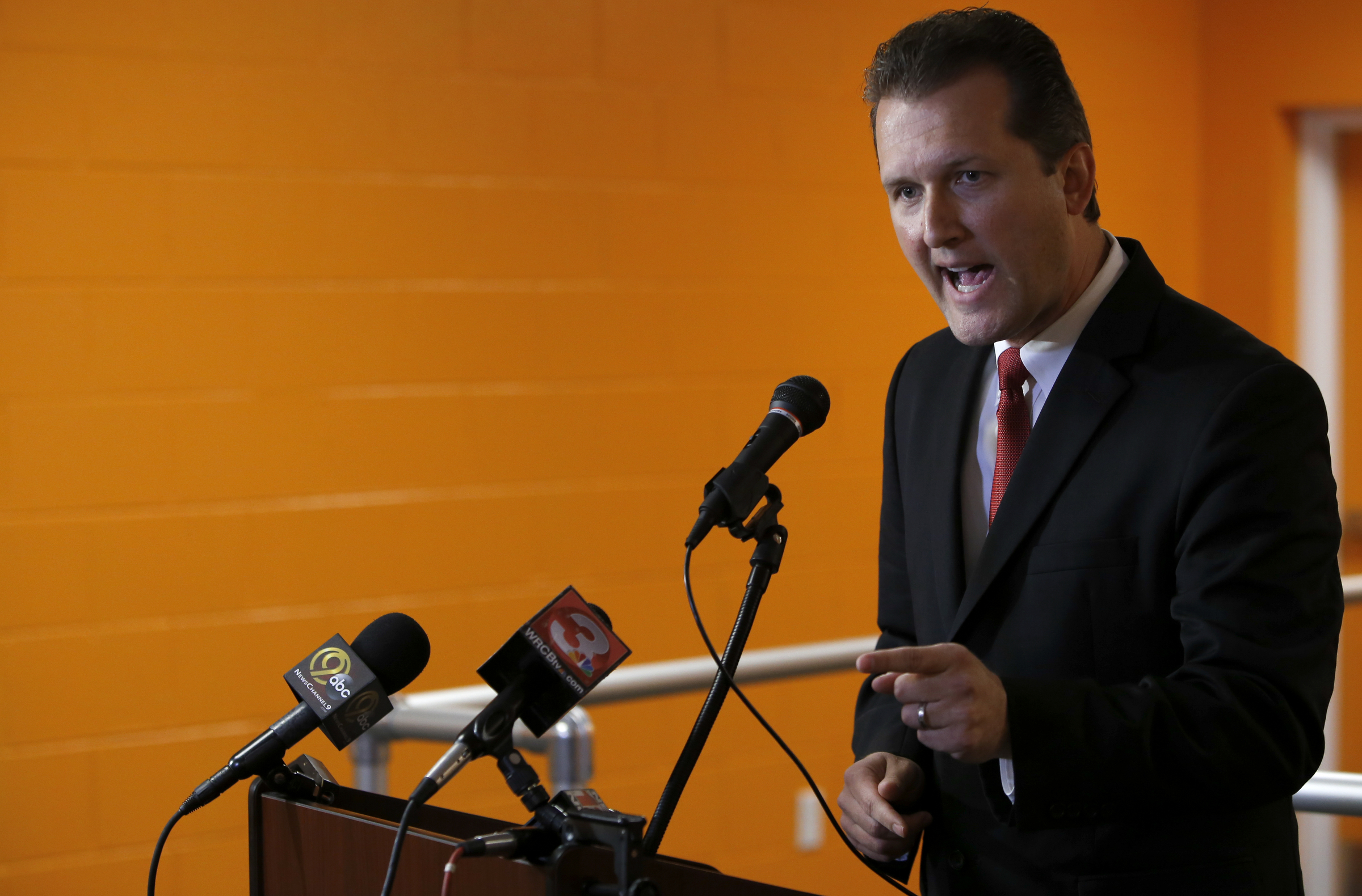East Ridge Mayor and District 8 county commissioner candidate Brent Lambert speaks after the third recorded phone conversation with incumbent Tim Boyd was played during a press conference in The Orange Room at the East Ridge Community and Senior Center on Monday, April 16, 2018 in East Ridge, Tenn. Tim Boyd was indicted for extortion.