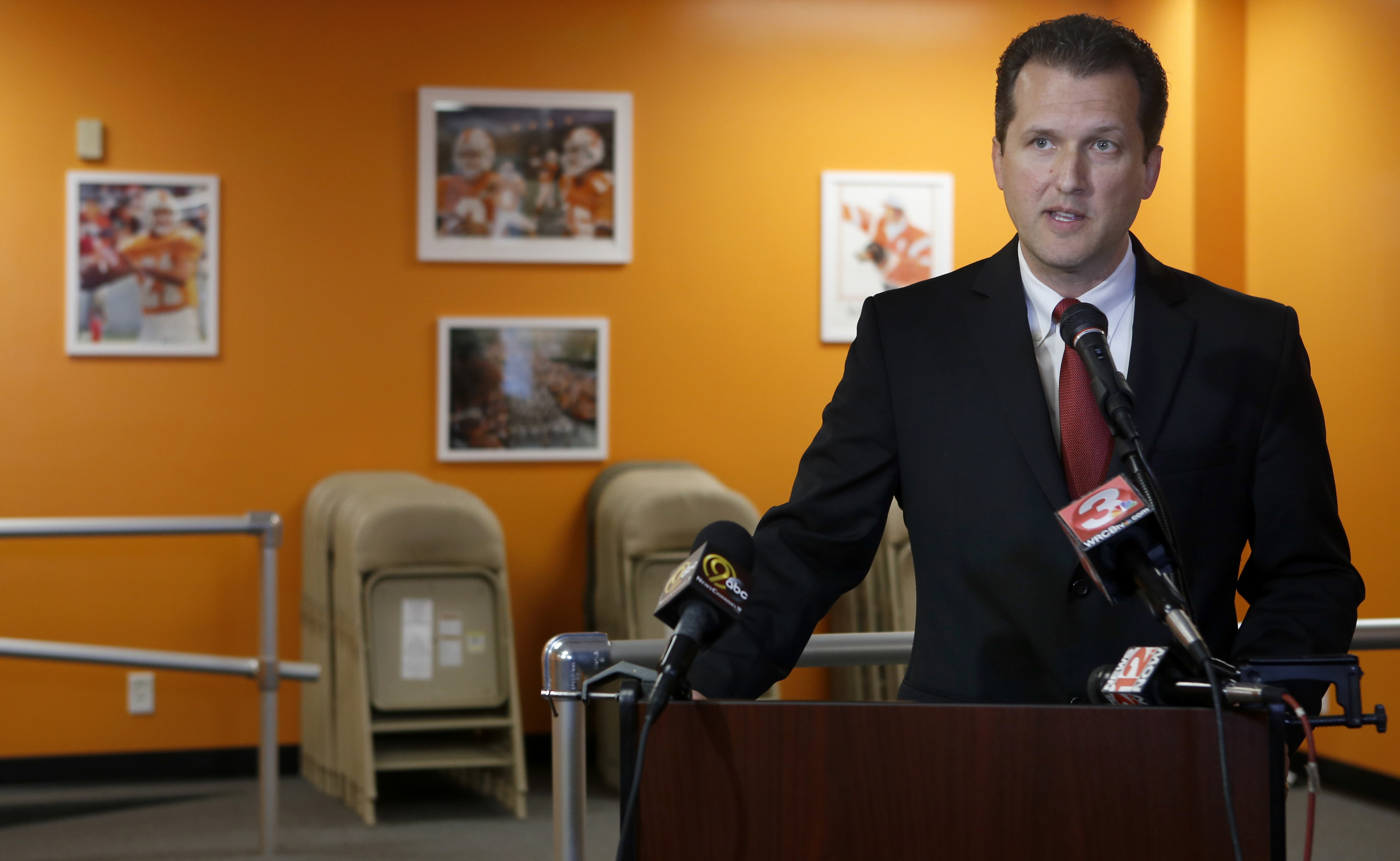 East Ridge Mayor and District 8 county commissioner candidate Brent Lambert speaks during a press conference to release recordings of phone conversations with incumbent Tim Boyd in The Orange Room at the East Ridge Community and Senior Center on Monday, April 16, 2018 in East Ridge, Tenn. Tim Boyd was indicted for extortion.