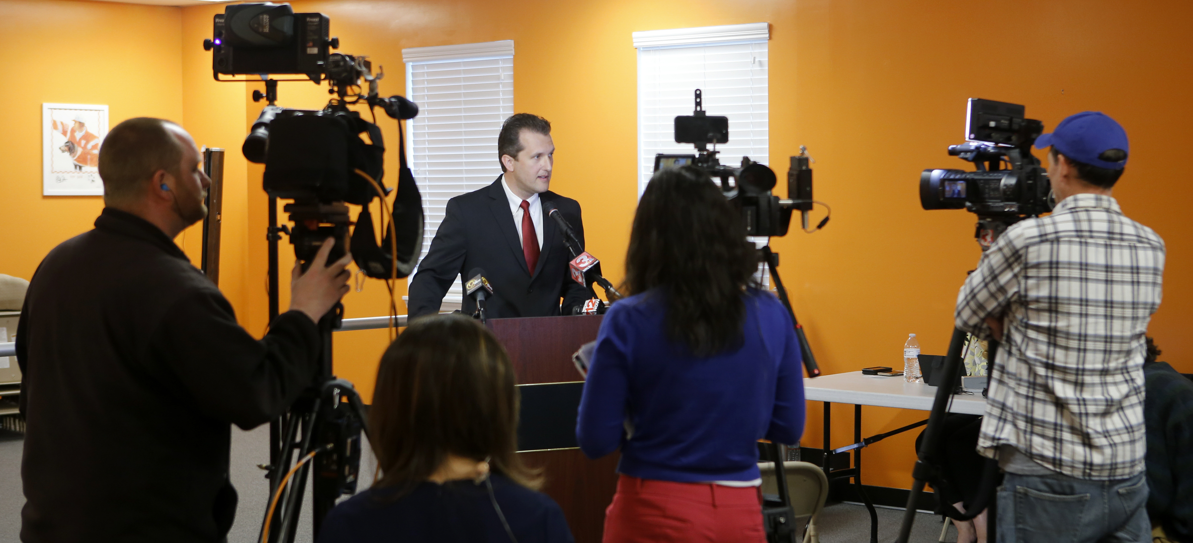 East Ridge Mayor and District 8 county commissioner candidate Brent Lambert speaks during a press conference to release recordings of phone conversations with incumbent Tim Boyd in The Orange Room at the East Ridge Community and Senior Center on Monday, April 16, 2018 in East Ridge, Tenn. Tim Boyd was indicted for extortion.