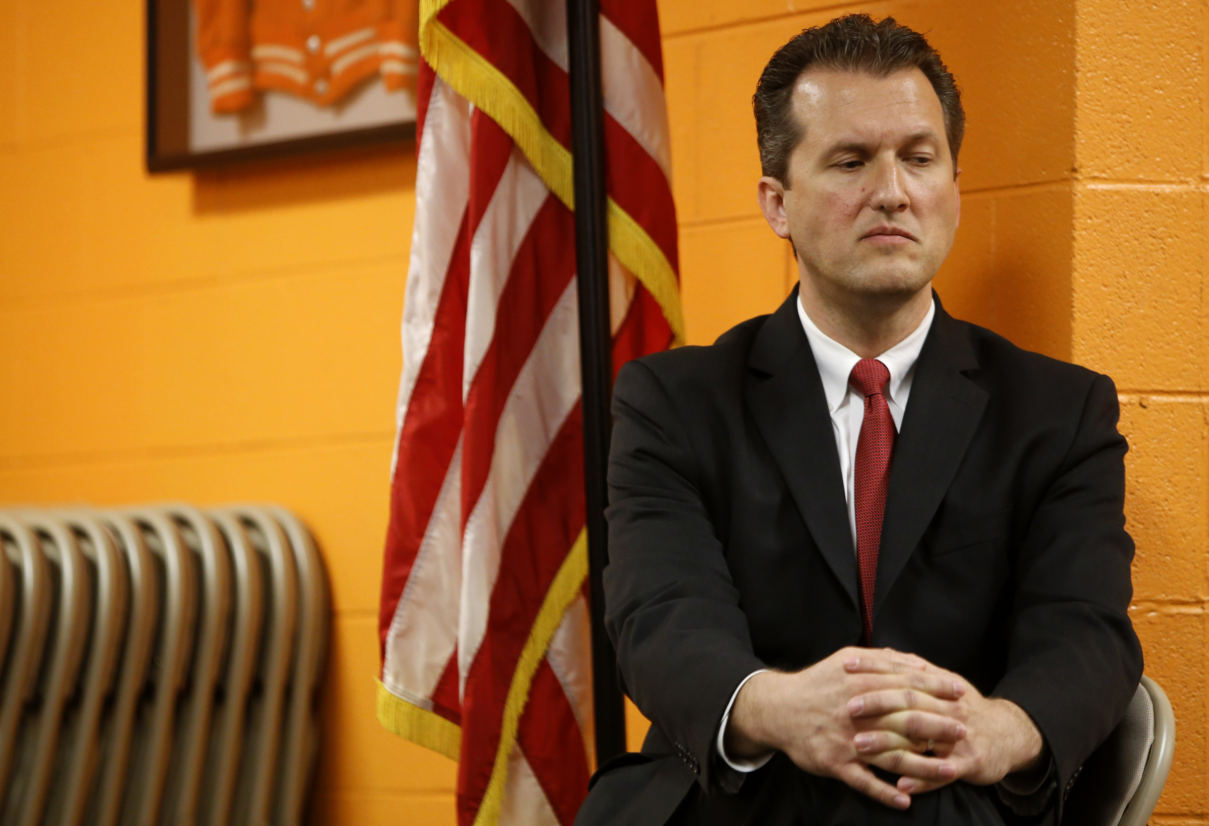 East Ridge Mayor and District 8 county commissioner candidate Brent Lambert looks on as the third recorded phone call with incumbent Tim Boyd is played for the media in The Orange Room at the East Ridge Community and Senior Center on Monday, April 16, 2018 in East Ridge, Tenn. Tim Boyd was indicted for extortion.
