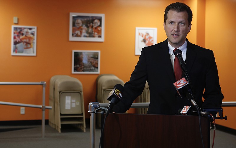 Brent Lambert speaks on Hamilton County Commissioner Tim Boyd's indictment at a press conference in East Ridge's community center.
