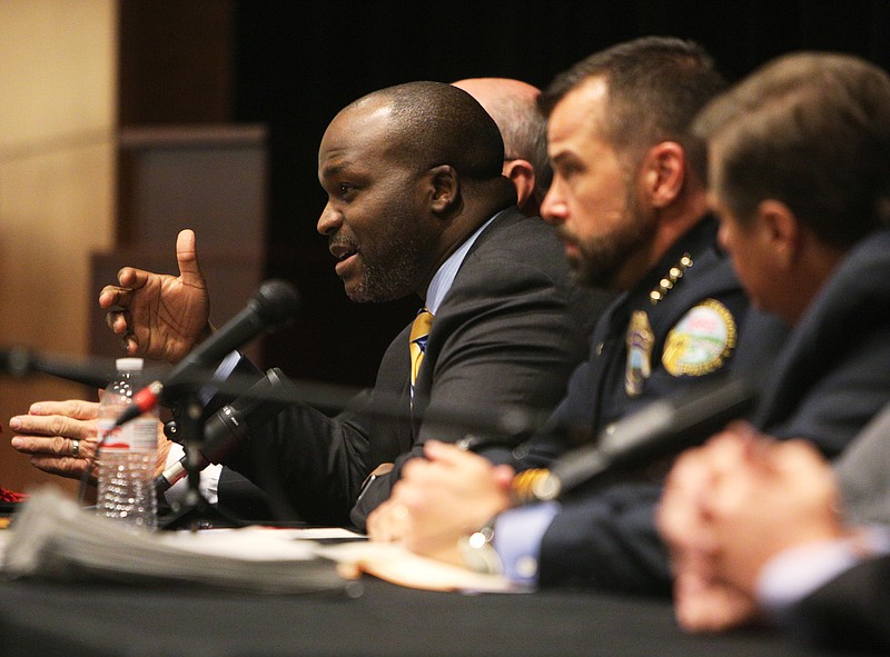 Staff photo by Erin O. Smith / Hamilton County Schools superintendent Bryan Johnson speaks about several measures local schools have taken for safety purposes during a Town Hall meeting Monday at East Hamilton Middle High School in Ooltewah.