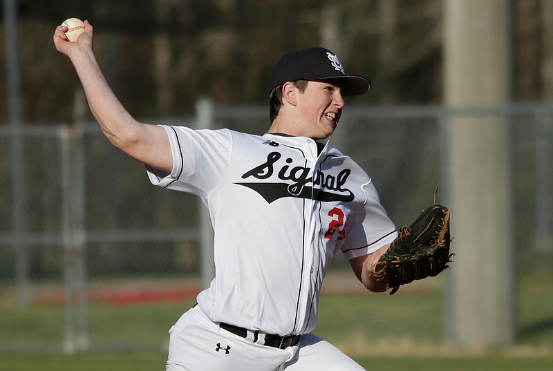 Signal Mountain's Sam Witherspoon pitches during their prep baseball game against Red Bank at Signal Mountain High School on Tuesday, April 17, 2018, in Signal Mountain, Tenn. 