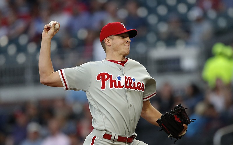 Philadelphia Phillies starting pitcher Nick Pivetta (43) works against the Atlanta Braves in the first inning of a baseball game Tuesday, April 17, 2018, in Atlanta. (AP Photo/John Bazemore)