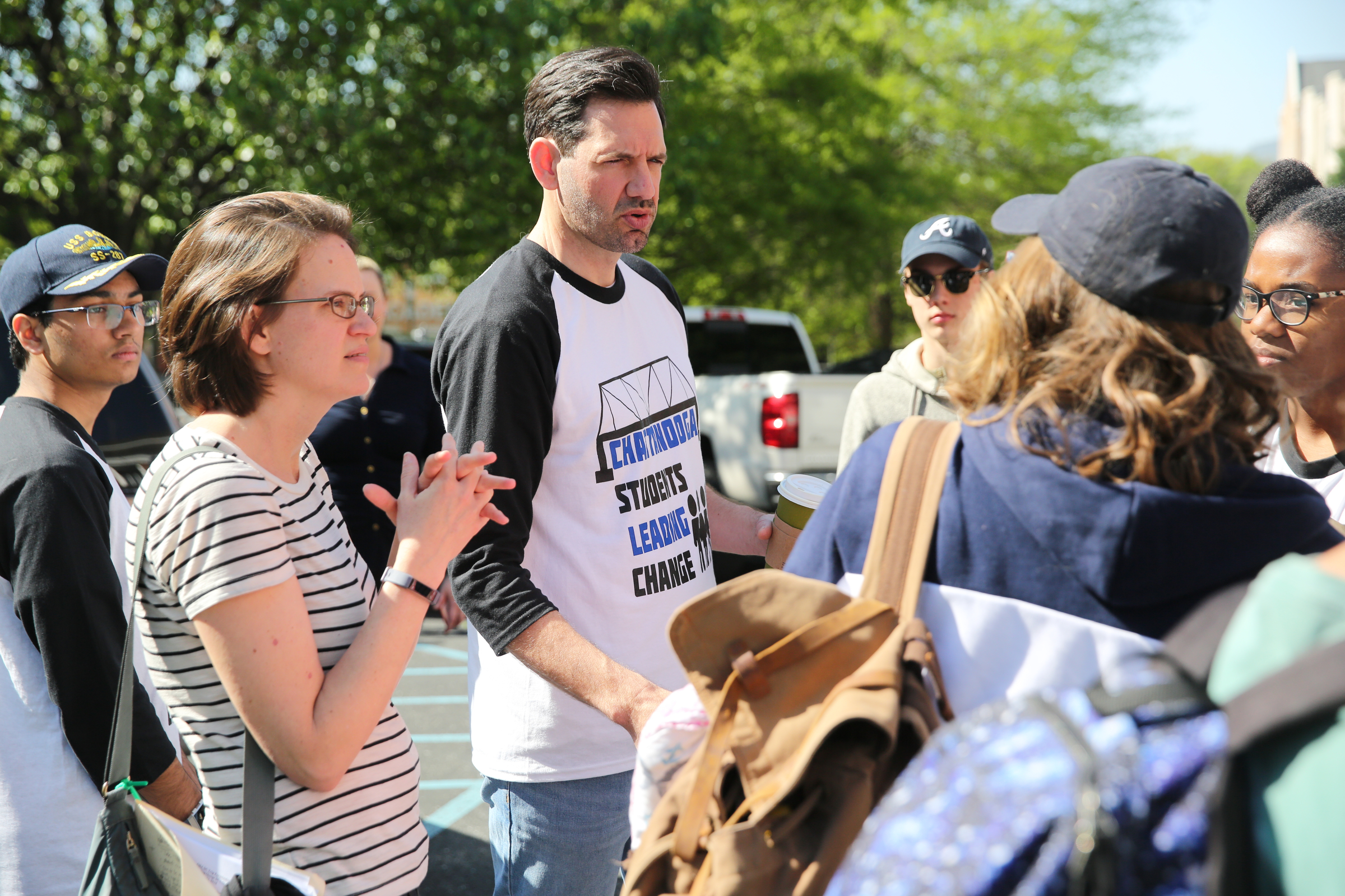 Clay Thomas, chaperone and pastor at Rivermont Presbyterian Church, gives instructions to students Wednesday, April 18, 2018 at First Christian Church in Chattanooga, Tenn. A group of students from various high schools around Chattanooga are heading to Washington D.C. to meet with Senator Bob Corker and other federal lawmakers about school safety.